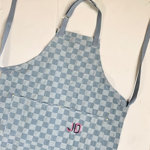 Custom Denim Chambray Checkered Apron for Men and Women, Embroidered Adult Apron Pocket, Cooking Monogram, Personalized, Holiday Commercial image 2