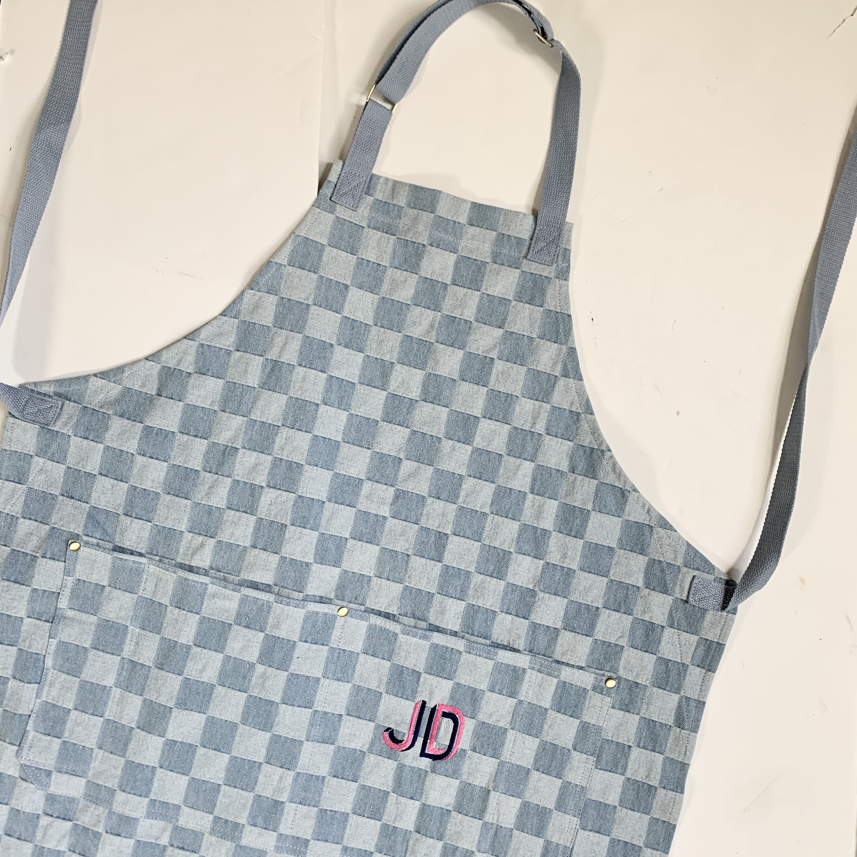 Custom Denim Chambray Checkered Apron for Men and Women, Embroidered Adult Apron Pocket, Cooking Monogram, Personalized, Holiday Commercial