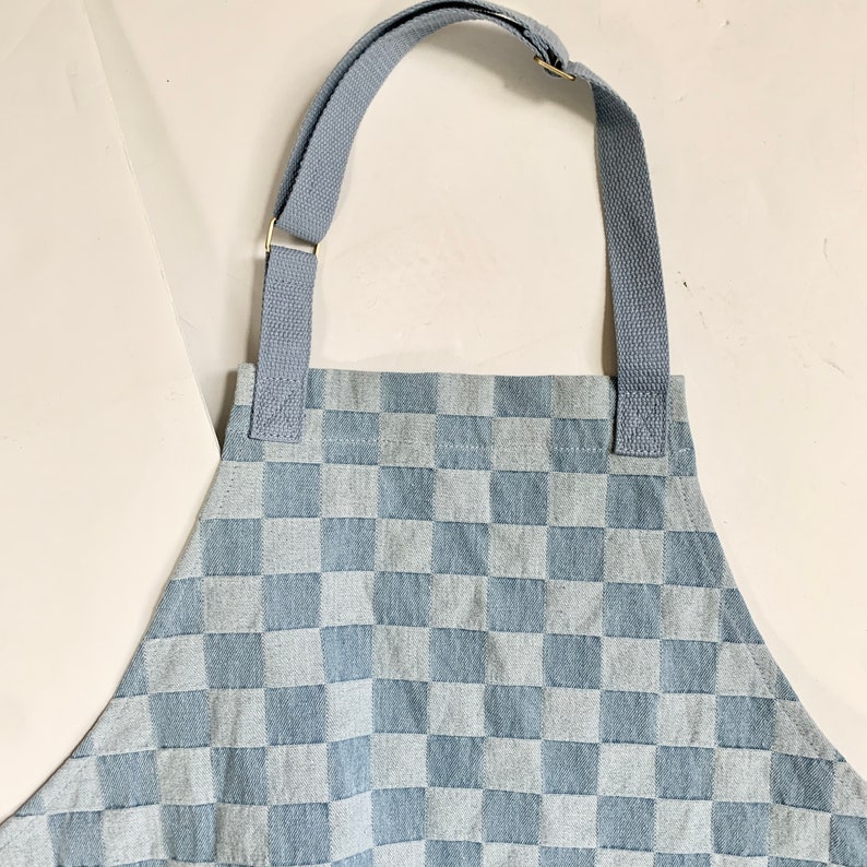 Custom Denim Chambray Checkered Apron for Men and Women, Embroidered Adult Apron Pocket, Cooking Monogram, Personalized, Holiday Commercial image 3