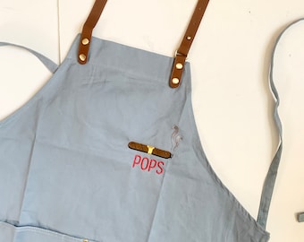 Custom Apron for Men and Women Solid Color, Embroidered Adult Apron Pocket, Cooking Apron Monogram, Personalized Gift, Leather Strap, Dad