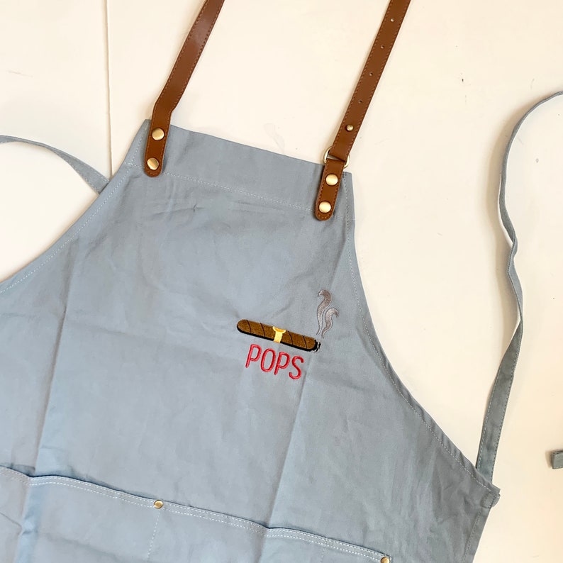 Custom Apron for Men and Women Solid Color, Embroidered Adult Apron Pocket, Cooking Apron Monogram, Personalized Gift, Leather Strap, Dad Blue