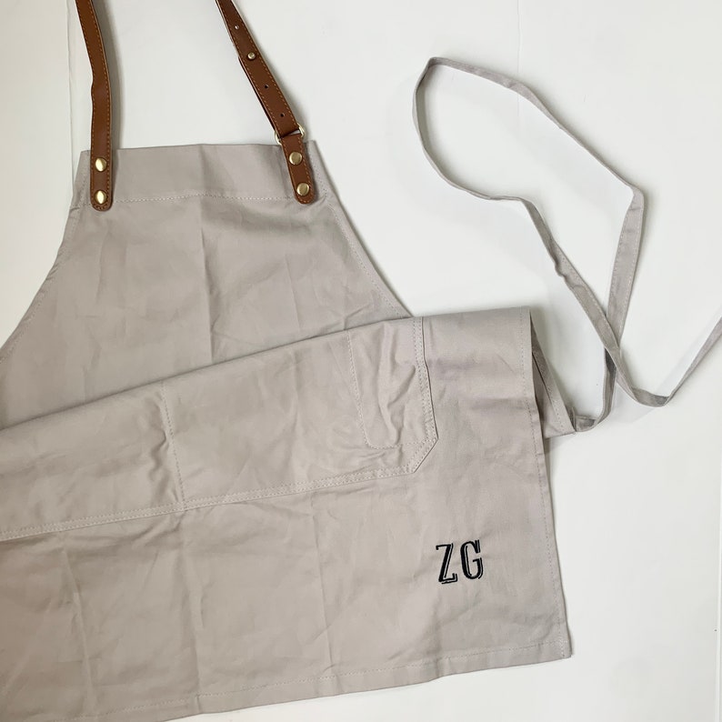 Custom Apron for Men and Women Solid Color, Embroidered Adult Apron Pocket, Cooking Apron Monogram, Personalized Gift, Leather Strap, Dad image 3