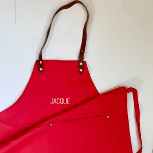 Custom Apron for Men and Women Solid Color, Embroidered Adult Apron Pocket, Cooking Apron Monogram, Personalized Gift, Leather Strap, Dad Red