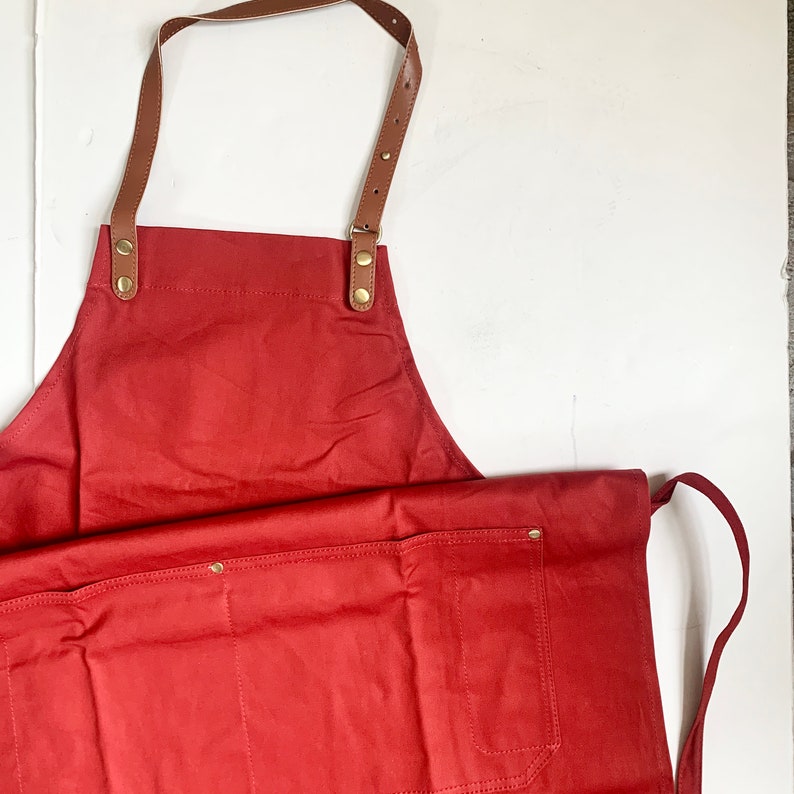 Custom Denim Chambray Checkered Apron for Men and Women, Embroidered Adult Apron Pocket, Cooking Monogram, Personalized, Holiday Commercial Maroon Red