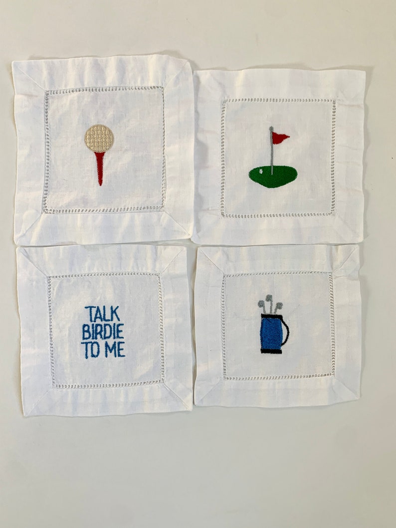 Gift for Dad Golf Cocktail Napkins, Embroidered Coasters for Men, Funny Golf Gift, Cloth Linen Bar Cart Decor, Father's Day Gift image 1