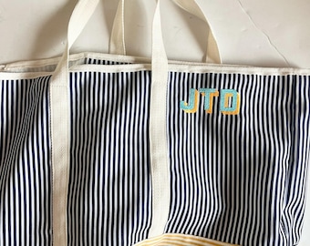 Personalized Striped Beach Tote Bag: Embroidered Initial Gift