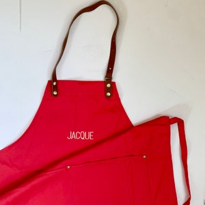 Custom Apron for Men and Women Solid Color, Embroidered Adult Apron Pocket, Cooking Apron Monogram, Personalized Gift, Leather Strap, Dad image 6