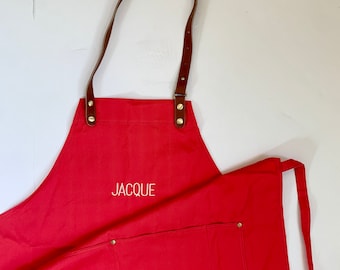 Custom Apron for Men and Women Solid Color, Red Embroidered Adult Apron Pocket, Cooking Apron Monogram, Personalized, Leather Strap, Dad