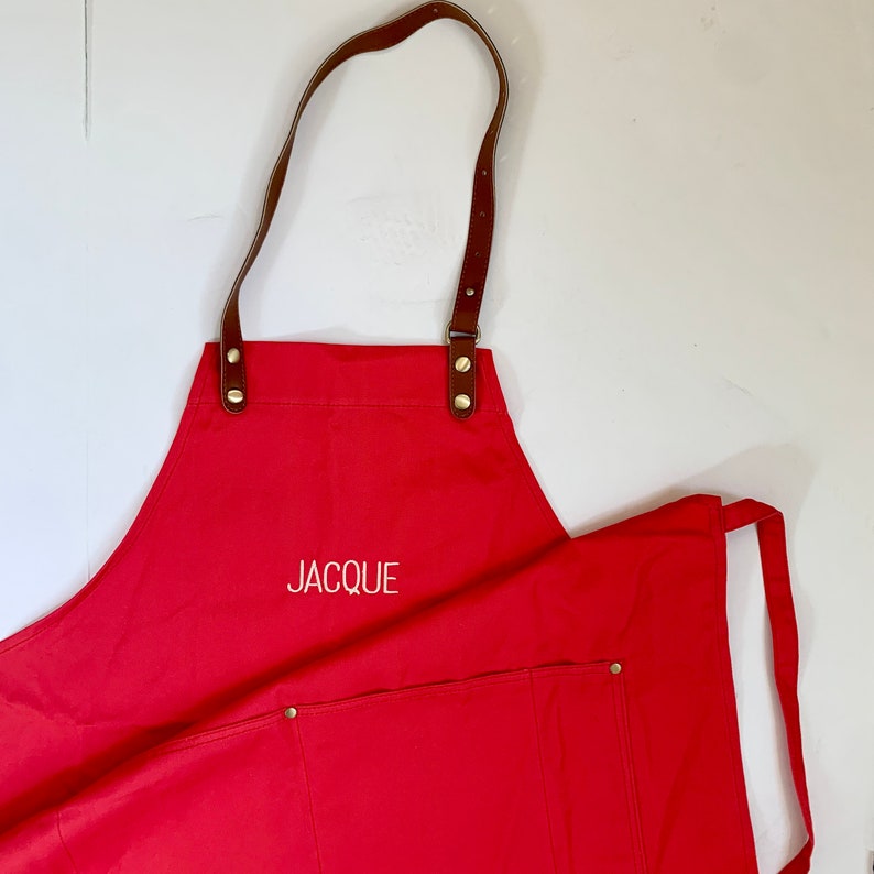 Custom Apron for Men and Women Solid Color, Red Embroidered Adult Apron Pocket, Cooking Apron Monogram, Personalized, Leather Strap, Dad image 1