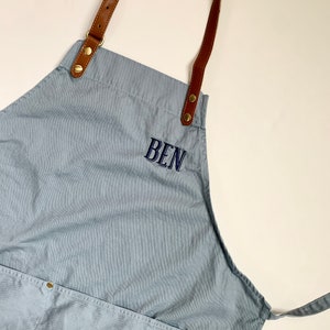 Custom Apron for Men and Women Solid Color, Embroidered Adult Apron Pocket, Cooking Apron Monogram, Personalized Gift, Leather Strap, Dad Blue