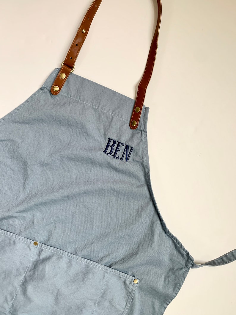 Custom Apron for Men and Women Solid Color, Embroidered Adult Apron Pocket, Cooking Apron Monogram, Personalized Gift, Leather Strap, Dad image 2