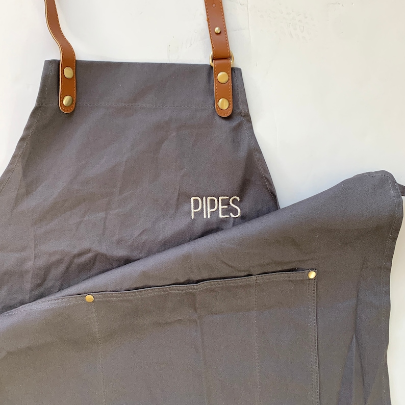 Custom Apron for Men and Women Solid Color, Embroidered Adult Apron Pocket, Cooking Apron Monogram, Personalized Gift, Leather Strap, Dad Gray