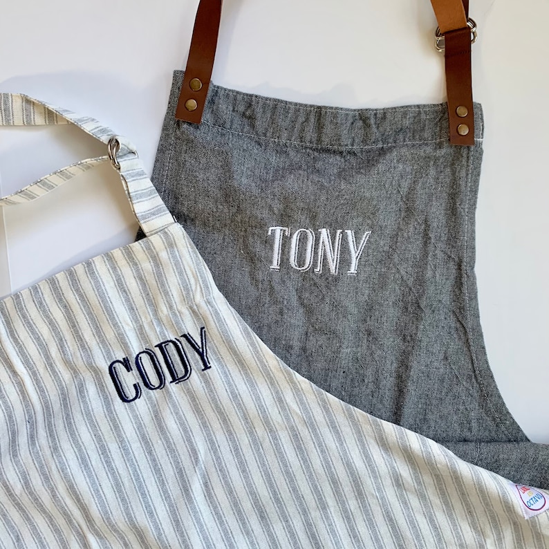 Embroidered Apron with Leather Strap, Personalized Cooking Apron, Gift for Dad