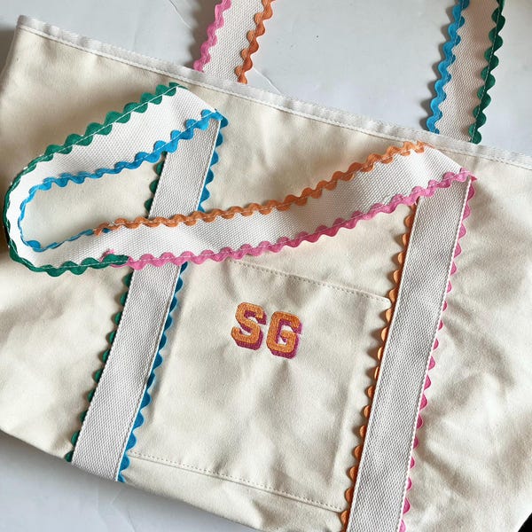 Personalized Canvas Tote Bag: Embroidered Initial Rainbow Trim