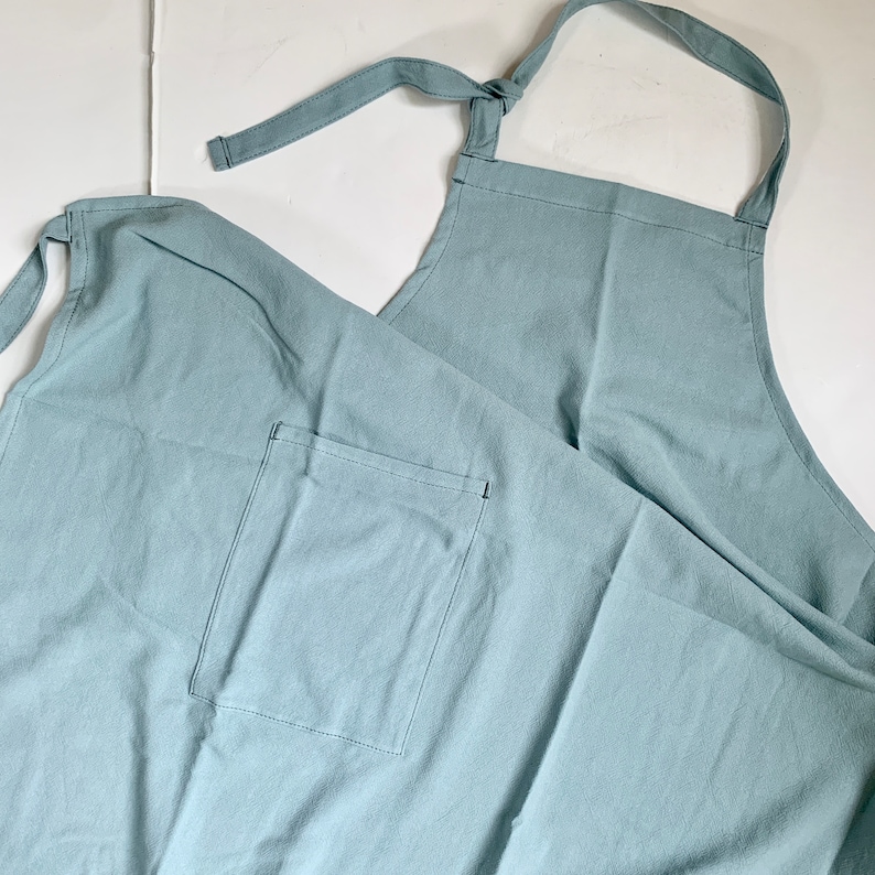 Custom Apron for Men and Women Solid Color, Embroidered Adult Apron Pocket, Cooking Apron Monogram, Personalized Gift, Leather Strap, Dad Blue Linen