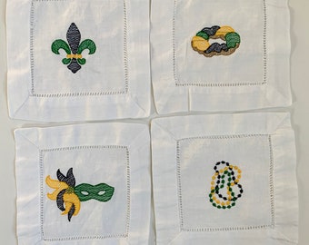 New Orleans Mardi Gras Cocktail Napkins Set, NOLA Gifts, Louisiana Gifts for Men and Women, Embroidered Cloth Linen Bar Cart Decor