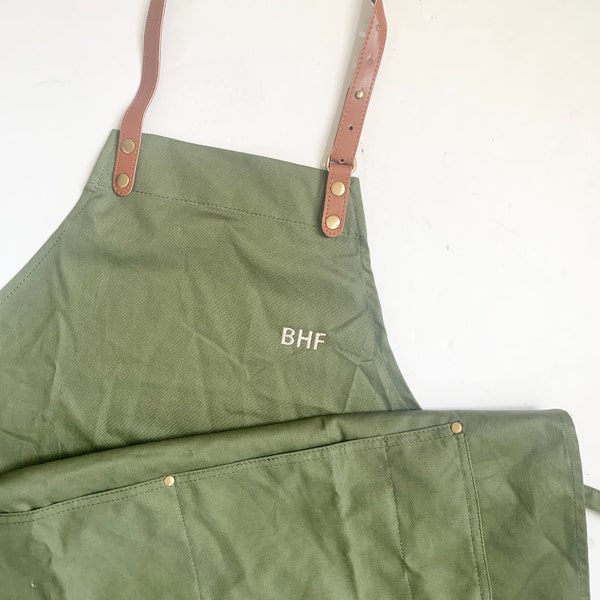 Custom Apron for Men and Women Solid Color, Forest Green Embroidered Adult Apron Pocket, Cooking Apron Monogram, Personalized, Leather Strap