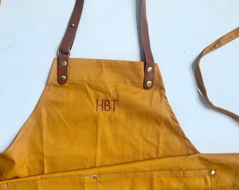 Custom Apron for Men and Women Solid Color, Mustard Yellow Embroidered Adult Apron Pocket, Cooking Monogram, Personalized, Leather Strap