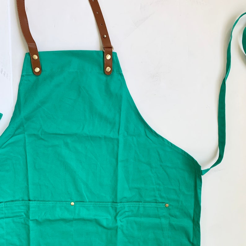 Custom Apron for Men and Women Solid Color, Embroidered Adult Apron Pocket, Cooking Apron Monogram, Personalized Gift, Leather Strap, Dad Green