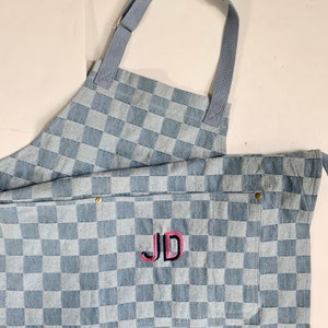 Custom Denim Chambray Checkered Apron for Men and Women, Embroidered Adult Apron Pocket, Cooking Monogram, Personalized, Holiday Commercial Denim Checkered