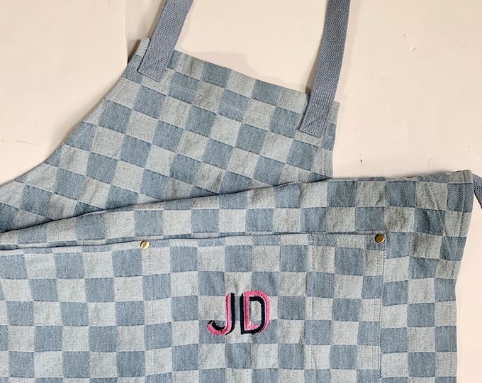 Custom Denim Chambray Checkered Apron for Men and Women, Embroidered Adult Apron Pocket, Cooking Monogram, Personalized, Holiday Commercial