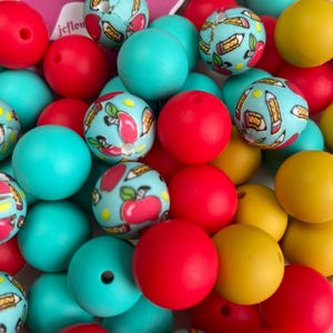 Silicone beads Mix Printed and solid Silicone Beads Kits for keychain Beading DIY Kits Bracelets Crafting Beaded Students Blue&Red