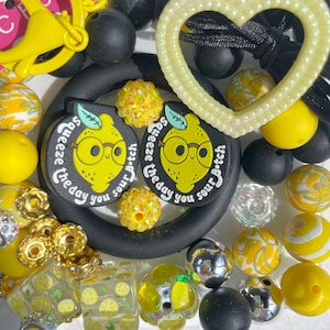 Lemon Shape Saying Focal Beads Kit 15MM Silicone Beads Printed Beads Kit Beads Bulk Bead Kits for Keychain Heart Ring Jewlery Beading Yellow