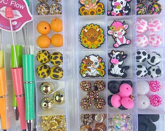 Beadable Pen Kits Cute Cow Focal Beads Silicone Printed Beads bulk Set For Beading Pen DIY Stationery Crafting Pen Beads