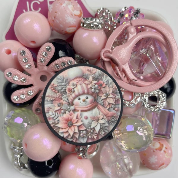 Silicone Beads Kit: Pink Snowman, Flower Focals, DIY Jewelry Making