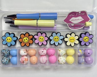 Beaded Pen Kits Focal Beads Cute Sunflower Smile Face Focal Beads Silicone Beads bulk Set For Beadable Pen DIY Pen Crafting Women Girls