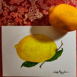 Lemon Watercolor Painting: Japanese Style Still Life, 7x5"
