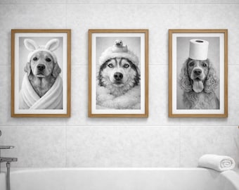 Custom Pet Bathroom Portrait Set of 3 | Funny Dog & Cat Bathroom Wall Art | Personalised Pet Illustration | Pet Lover Gift | Digital Downloa