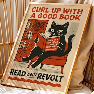Funny Retro Cat Poster - Vintage-Inspired Political Satire Wall Art, Black Cat Reading Print, Quirky Home Decor, Humor & Protest Art