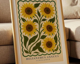 Sunflower Wall Art Print – Whimsical Floral Illustration, Modern Home Decor