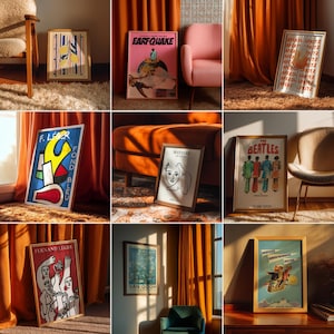 K&ouml;nnte beinhalten: Eine Sammlung gerahmter Kunstdrucke mit verschiedenen Designs und Stilen. Die Drucke enthalten Text und Bilder, wie ein rosa Poster mit dem Wort "EARFQUAKE", ein Matisse-Portr&auml;t und ein Beatles-Poster. Die Rahmen sind gold- und braunfarben.