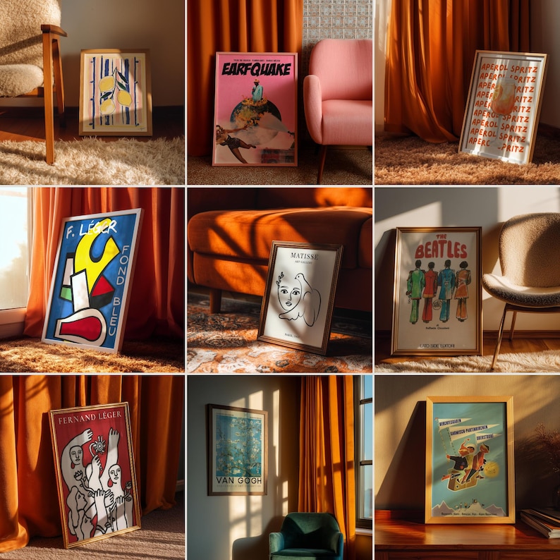 K&ouml;nnte beinhalten: Eine Sammlung gerahmter Kunstdrucke mit verschiedenen Designs und Stilen. Die Drucke enthalten Text und Bilder, wie ein rosa Poster mit dem Wort "EARFQUAKE", ein Matisse-Portr&auml;t und ein Beatles-Poster. Die Rahmen sind gold- und braunfarben.