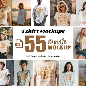 May include: A collection of t-shirt mockups featuring various styles and models. Each shirt displays the text "YOUR DESIGN HERE". The image includes the text "Tshirt Mockups 55 Bundle Mockup" and "PSD Smart Objects | Easy to Use".