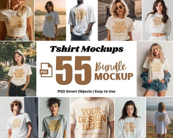 55 T-Shirt Mockup Bündel | PSD Smart Objekt Mockups | Unisex Shirt Mockups | Hochauflösende Lifestyle Mockups für Print on Demand & Etsy Verkäufer