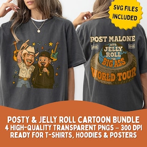 Kleurrijke Post Malone & Jelly Roll Cartoonbundel – 4 leuke muziek, clipart png/svg – Big Ass World Tour Art – 300 DPI – pod – commercieel gebruik