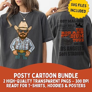 Caricatura de vaquero retro de Post Malone en formato PNG/SVG – Arte divertido del Oeste de Post Malone – 2 imágenes prediseñadas de alta resolución – Estilo LA Tour – Merchandising DIY y uso comercial
