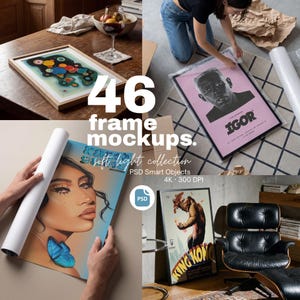 Op de afbeelding: Een samengestelde afbeelding met ingelijste kunst en posters. De afbeelding bevat verschillende ingelijste kunstwerken, waaronder abstracte kunst, een portret en een filmposter. Tekst op de afbeelding luidt "46 frame mockups. soft light collection".