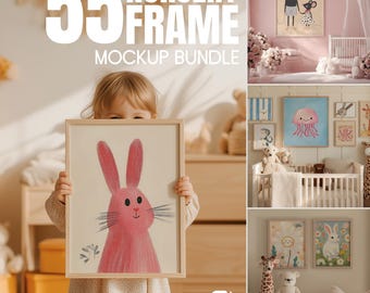 55 個の保育園用ウォールアートフレーム モックアップ バンドル | 55 個の子供部屋用 PSD モックアップ | ベビールーム用ポスター モックアップ | 編集可能なスマートオブジェクトフレーム