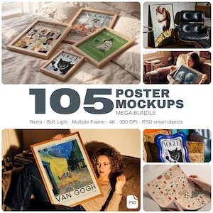 May include: A selection of framed posters and mockups, including covers from The New Yorker and Vogue magazines, and a Van Gogh art exhibition poster. The image also features a King Kong poster and a bundle description with the text "105 POSTER MOCKUPS MEGA BUNDLE."
