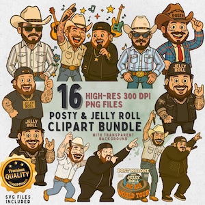 Post Malone & Jelly Roll clipartbundel – 16 cartoon PNG SVG-bestanden – 300 DPI – grappige muziektourkarakters – podvriendelijk, commercieel gebruik