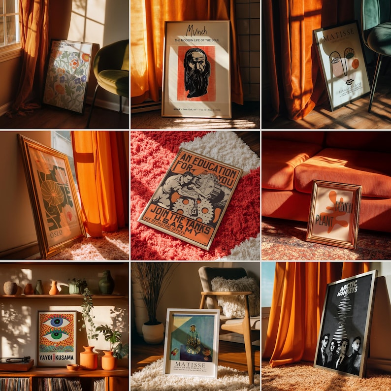 K&ouml;nnte beinhalten: Eine Sammlung gerahmter Kunstdrucke mit verschiedenen Designs und K&uuml;nstlern. Die Drucke zeigen ein Blumendesign, ein Portr&auml;t von Edvard Munch, eine Matisse-Illustration, ein Rekrutierungsplakat der US-Armee und ein Yayoi Kusama-Augen-Design. Die Farbpalette umfasst Orange, Rot und neutrale T&ouml;ne.