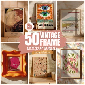 Op de afbeelding: Een verzameling ingelijste kunstdrukken met verschillende stijlen en thema's. De prints bevatten een Gustav Klimt-werk, een Yayoi Kusama-kunstwerk, een landschap en bloemmotieven. De tekst "50 VINTAGE FRAME MOCKUP BUNDLE Cozy Interiors" is ook aanwezig.