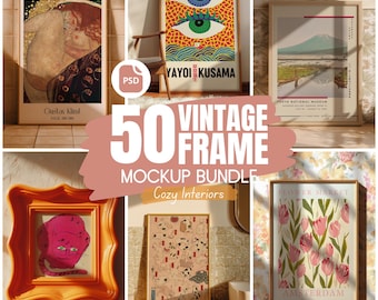 50 Vintage Bilderrahmen Mockup Bundle | Gemütliche Retro Interior PSD-Vorlagen | Mid Century Poster Mockups | Smart Objekt Rahmen Mockup Set