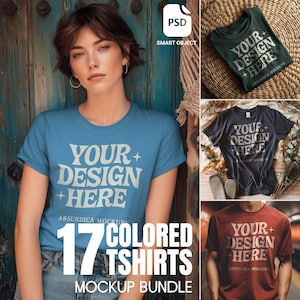 17 Colored T-Shirt Mockup Bundle | PSD Smart Object Mockups | Multiple Shirt Colors | High-Res Lifestyle & Flat Lay Mockups