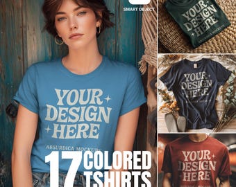 Paquete de 17 maquetas de camisetas de colores / Maquetas PSD con objetos inteligentes / Varios colores de camisetas / Maquetas de alta resolución para estilo de vida y diseño plano