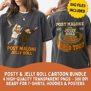 Post Malone & Jelly Roll Duo PNG SVG – Conjunto de imágenes prediseñadas de conciertos divertidos – 4 archivos de dibujos animados – Arte promocional de la gira mundial Big Ass – POD – Uso comercial